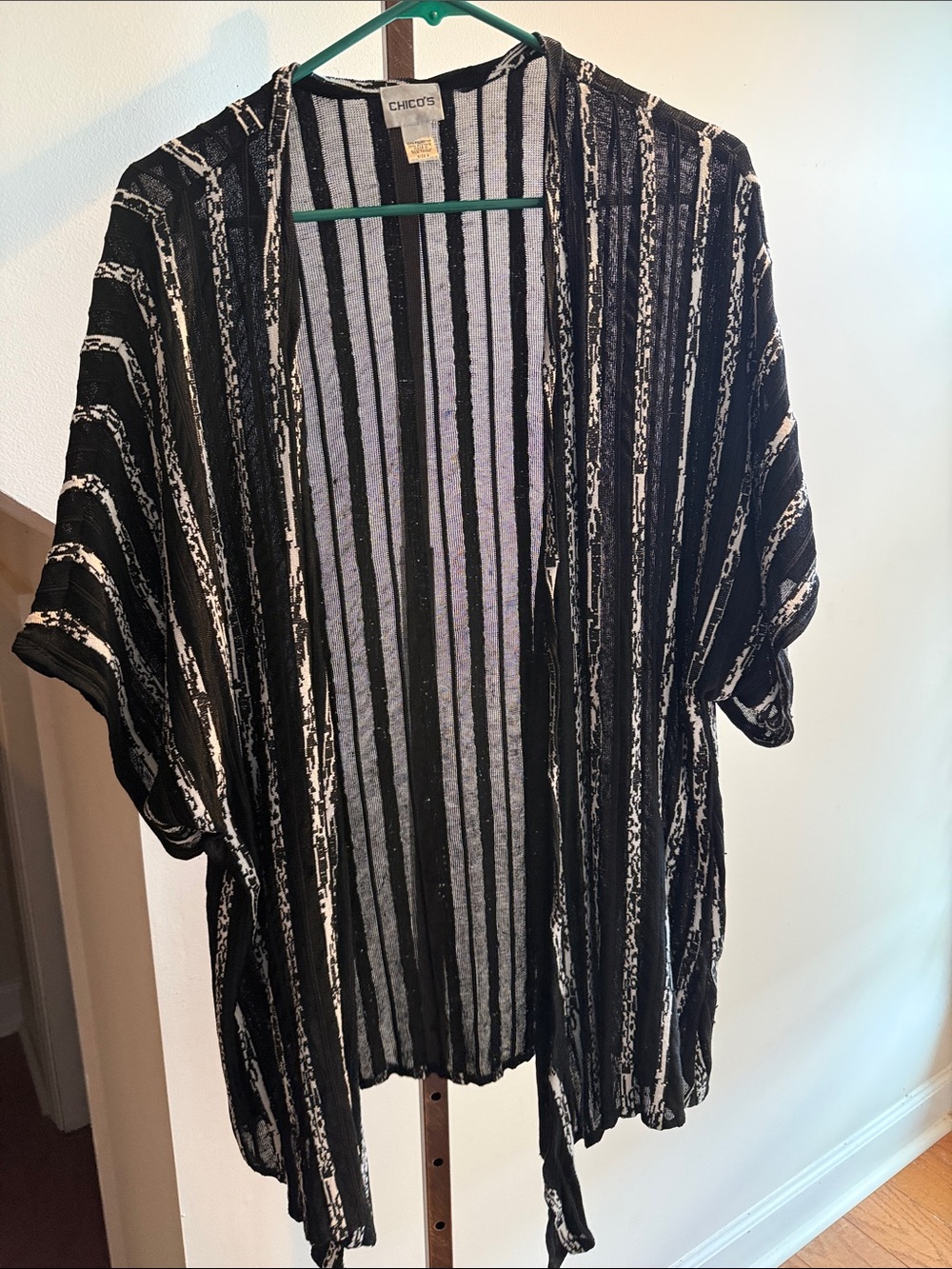 Chico's Black and White Striped Open Kimono Tunic